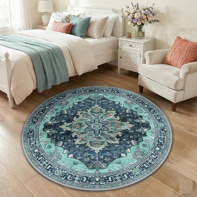 RELEANY Area Rugs Round 4ft Washable Non-Slip, Floral Vintage Distress by RELEANY