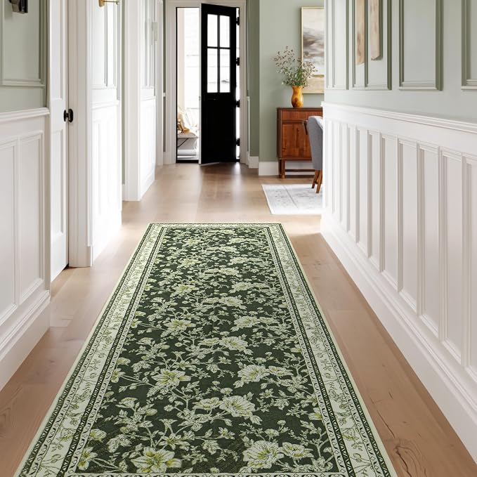 Olive Green Floral Print Area Rugs - Image 7