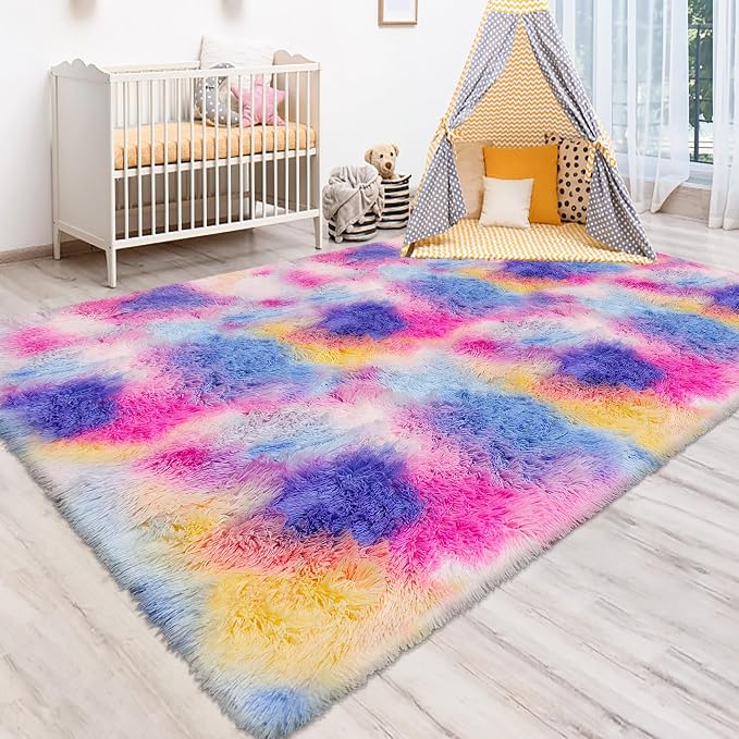 Rainbow Area Rugs 5x8 ft, Tie-Dyed Unicorn Fluffy Fuzzy Shaggy Carpet Soft - Image 9
