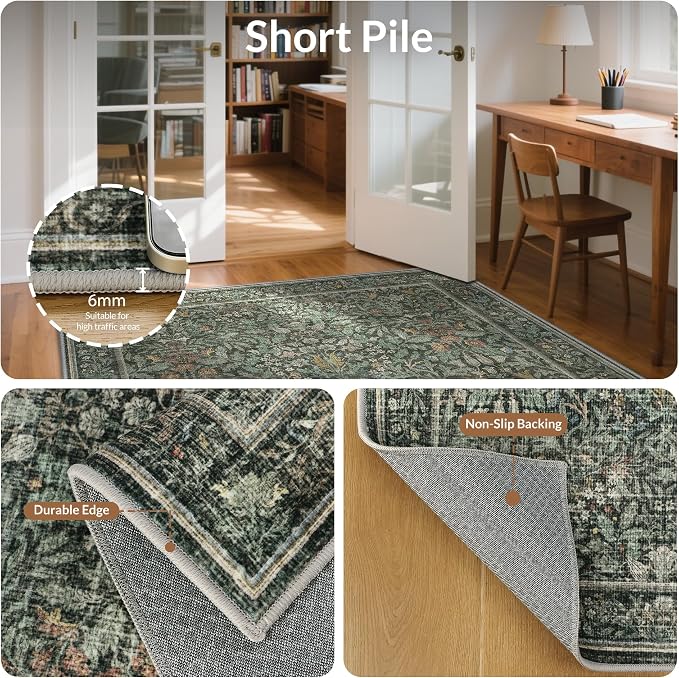 GENIMO 10x14 Washable Area Rug, Non-Slip Vintage Boho Floral Carpet, Large Area - Image 4