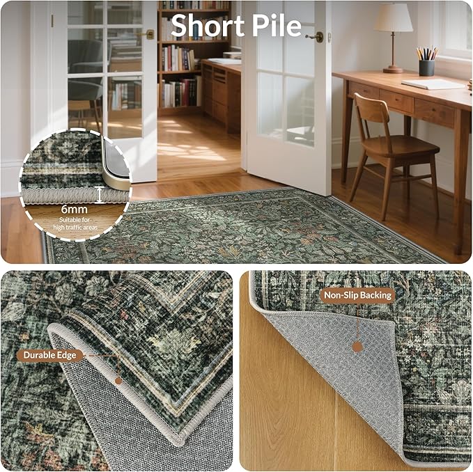 GENIMO 6x9 Washable Area Rug, Non-Slip Vintage Boho Floral Carpet, Soft - Image 5