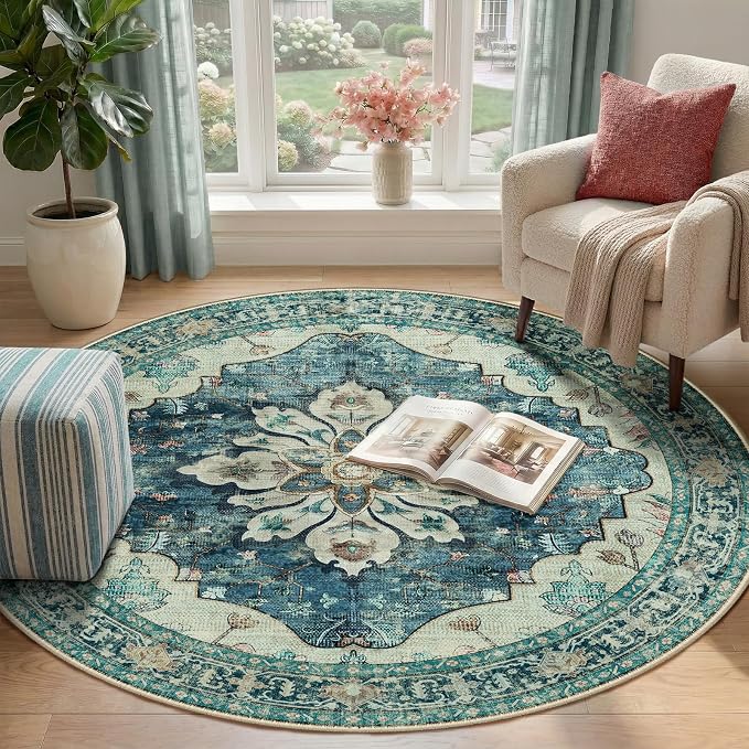 RELEANY Area Rugs Round 4ft Washable Non-Slip, Floral Vintage Distress - Image 2
