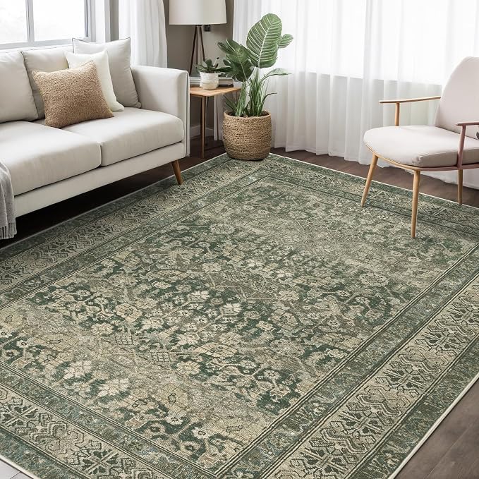 Vintage Washable Area Rug for Living Room, Low Pile 9x12 Non Slip Carpet - Image 3