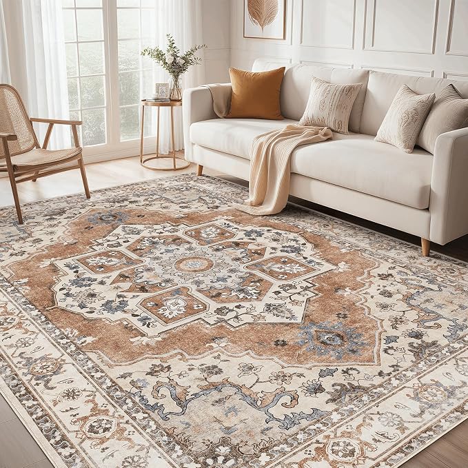 5x7 Washable Area Rug: Vintage Neutral Soft Non Slip Thin Large Floor Carpet by MICGEEK