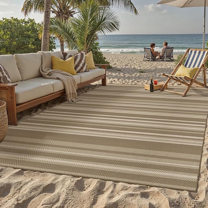 6x9 Easy Jute Stripe Area Rug Washable Beige Brown Indoor Outdoor Rug Non Slip - Image 3