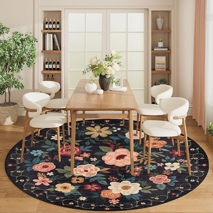 DUKINO Floral Round Rug, 6ft Washable Circle Rug, Non Slip Indoor Low Pile - Image 4