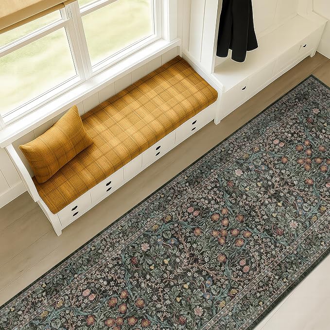Dark Green Washable 2x8 Runner Rug Non Slip - Image 3
