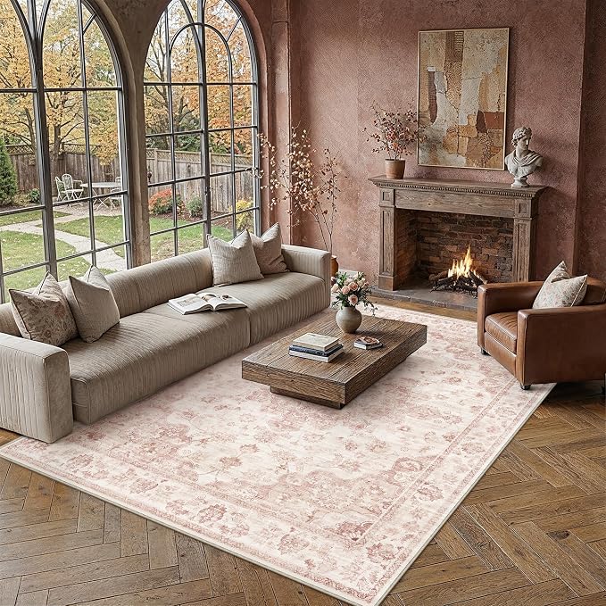 10x14 Neutral Area Rug Pink Vintage Living Room Bedroom Washable Carpet - Image 3