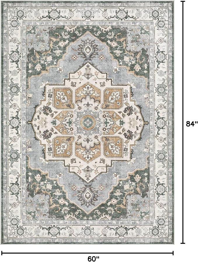 5x7 Washable Area Rug: Vintage Neutral Soft Non Slip Thin Large Floor Carpet - Image 2