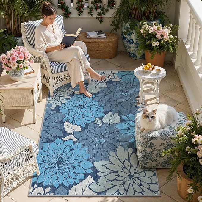 HUGEAR Floral Textured Weave Indoor Outdoor Area Rug 4X6 Washable High Traffic - Image 2