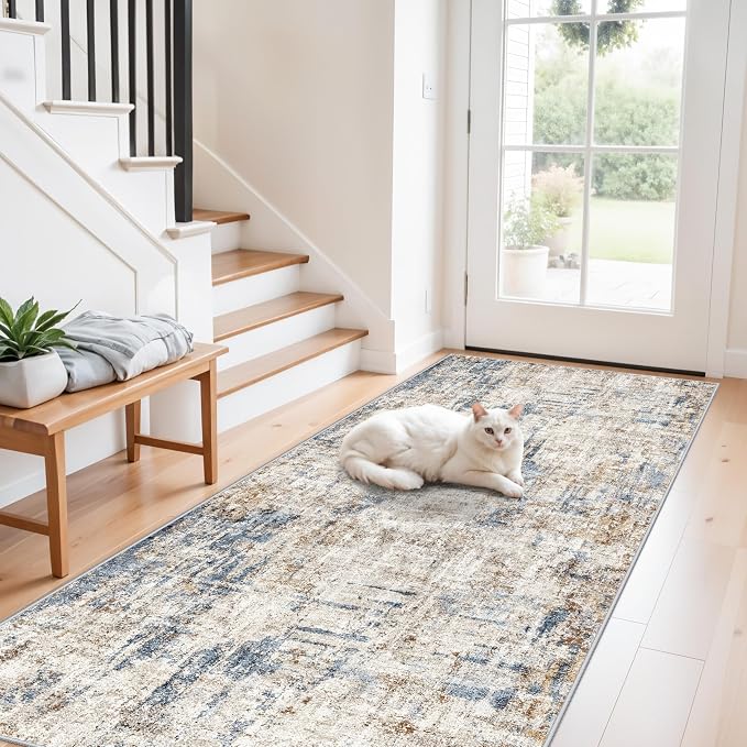 3x8 Washable Non-Slip Runner Rug Modern Abstract Neutral Wide Carpet Runner by ZHXXUJ