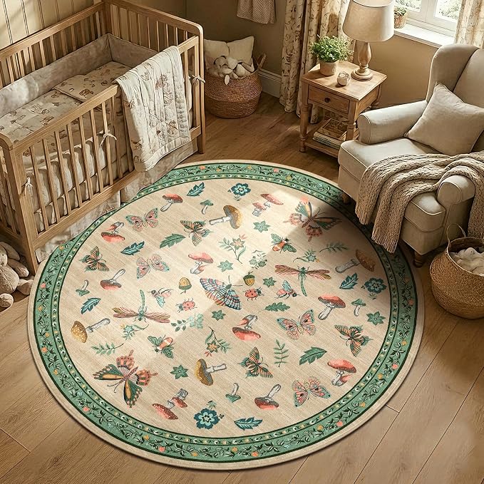 Mushroom Insect 3ft Round Rug Washable Non-Slip Soft Ultra-Thin Small Boho by ROYHOME