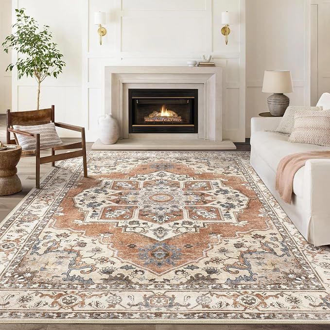 9x12 Washable Area Rug: Vintage Neutral Soft Non Slip Thin Large Floor Carpet - Image 2