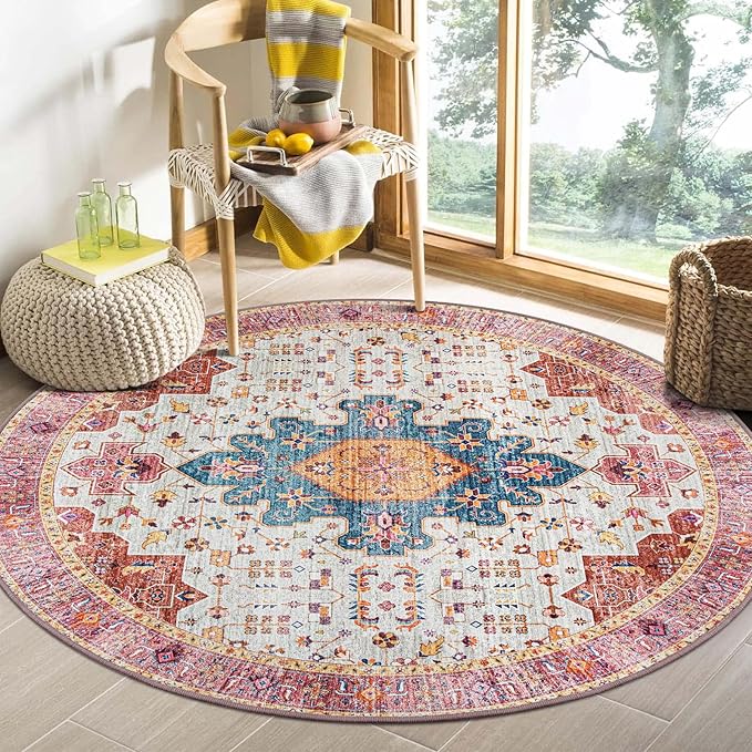Moynesa Ultra-Thin Washable Round Rug - 4ft Pink Oriental Circle Area Rugs by Moynesa