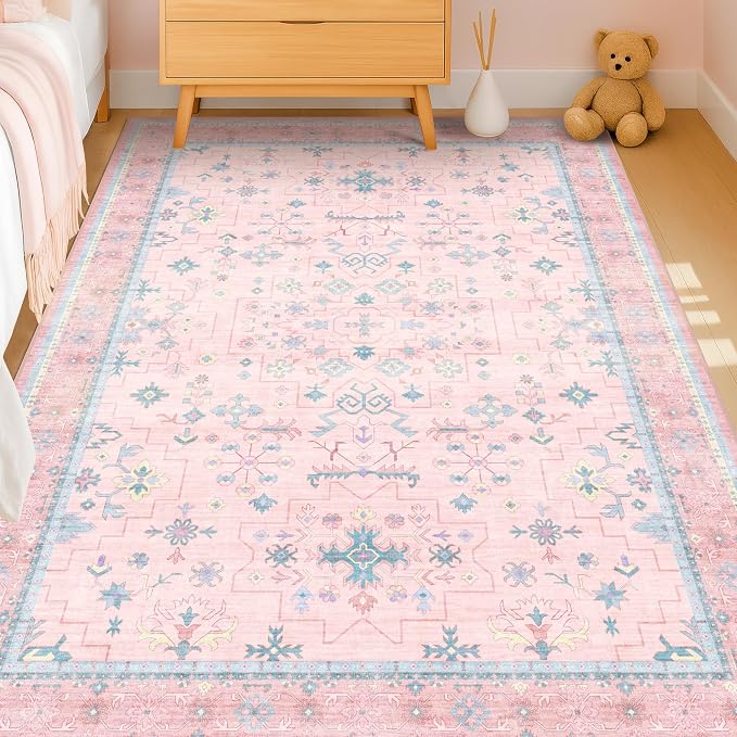 Washable Pink and Blue 6x8 Boho Rugs - Image 9