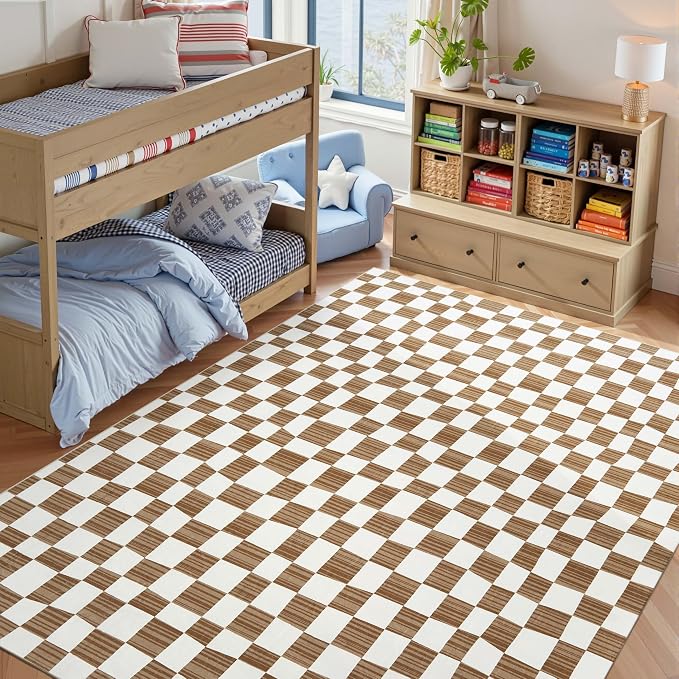jinchan 8x10 Brown Checkered Area Rugs by JINCHAN
