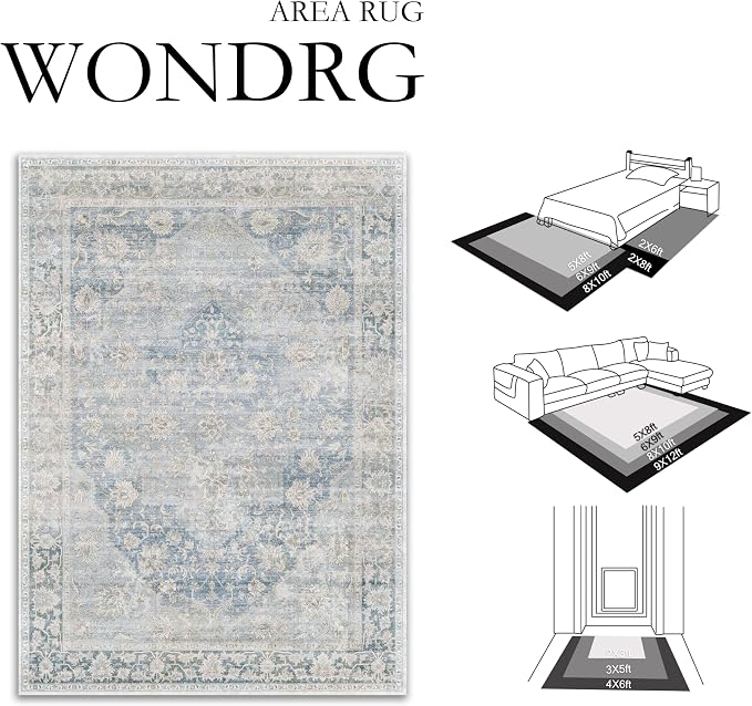 5x7 Washable Neutral Area Rug Blue Vintage Living Room Bedroom Carpet Non-Slip - Image 2