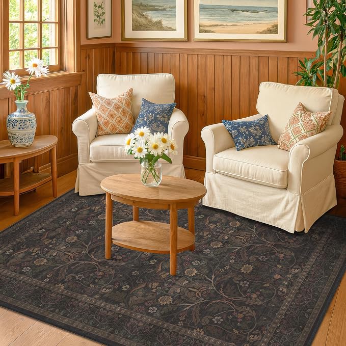 Washable 4x6 Brown Rugs for Living Room, Rustic Carpet for Office, Large by Evyhood