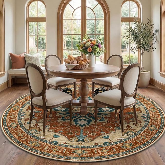 RELEANY Area Rugs Round 7ft Washable Non-Slip, Floral Vintage Distress by RELEANY