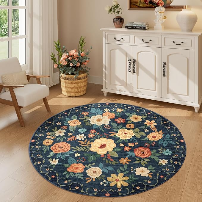 DUKINO Floral Round Rug, 4ft Washable Circle Rug, Non Slip Indoor Low Pile by DUKINO