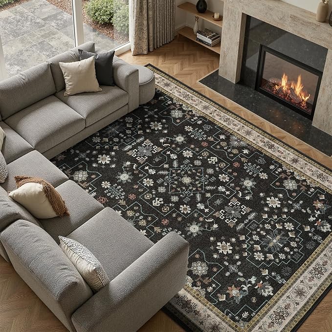 DCX Machine Washable Black Area Rug 9x12, Non Slip Stain Resistant Vintage Area - Image 2