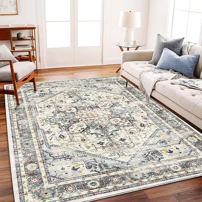 CHAMPLANT Washable Area Rug 9'x12' Cyan Khaki Retro Flowers Boho Design - Image 2