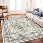 CHAMPLANT Washable Area Rug 10'x14' Cyan Khaki Retro Flowers Boho Design - Image 2