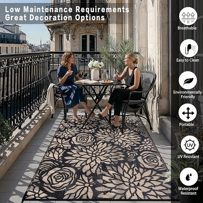 Outdoor Plastic Straw Rug Waterproof Patio 6x9 Black Brown Floral Mat - Image 5
