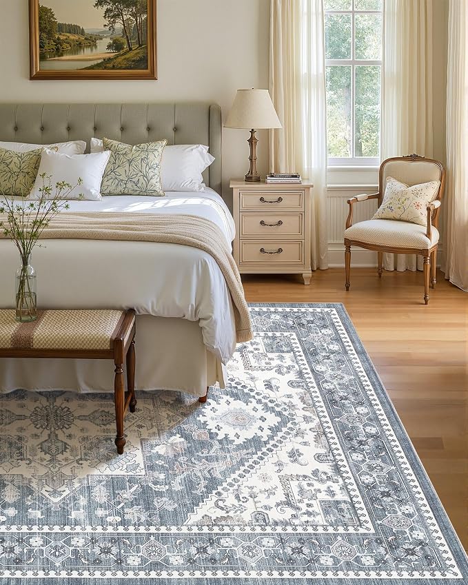 10x12 Vintage Area Rug: Washable Neutral Soft Non Slip Thin Large Floor Carpet - Image 3