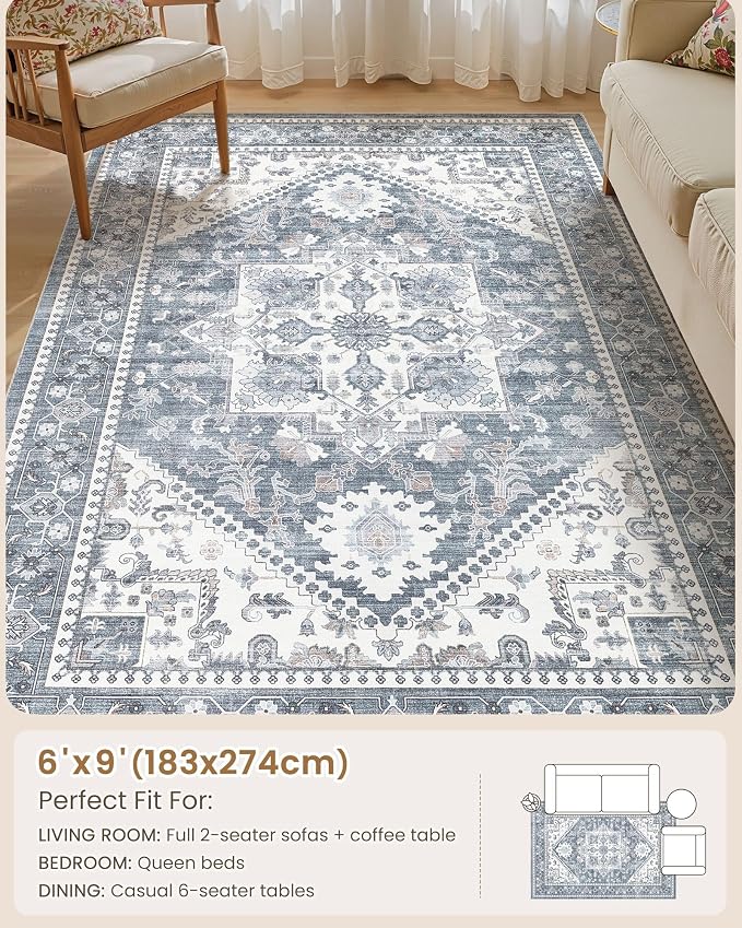 6x9 Vintage Area Rug: Washable Neutral Soft Non Slip Thin Large Floor Carpet - Image 8