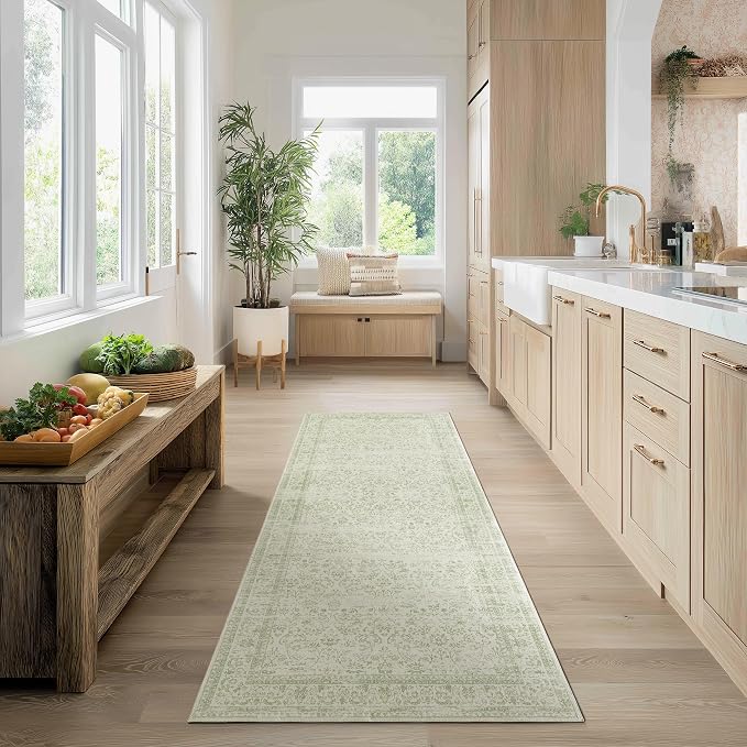 Sage Green 2x6 Runner Rug for Hallway Bathroom Washable Non Slip Vintage Boho by BILEEHOME