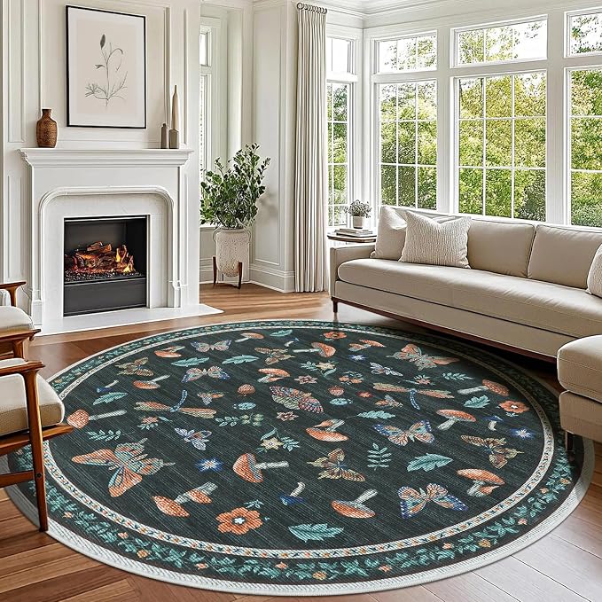 Mushroom Insect 6ft Round Rug Washable Non-Slip Soft Ultra-Thin Boho Circle by ROYHOME