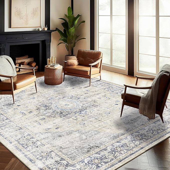 CHAMPLANT Washable Area Rug 8'x10' Floral Blue Boho Design Non-Shedding by CHAMPLANT