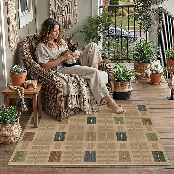 HUGEAR 3x5 Jute Outdoor Indoor Checkered Rug Washable Linen Textured Weave High - Image 2