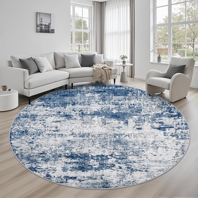 Round Area Rug for Living Room: 6 ft Washable Modern Abstract Soft Thin Rug by FXRHLP