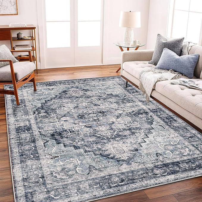 CHAMPLANT Washable Area Rug 8'x10' Dark Blue Retro Boho Design Non-Shedding - Image 2