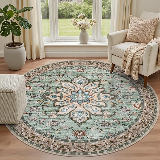 Round Area Rug for Living Room: 8 ft Washable Vintage Boho Soft Thin Circle Rug - Image 2