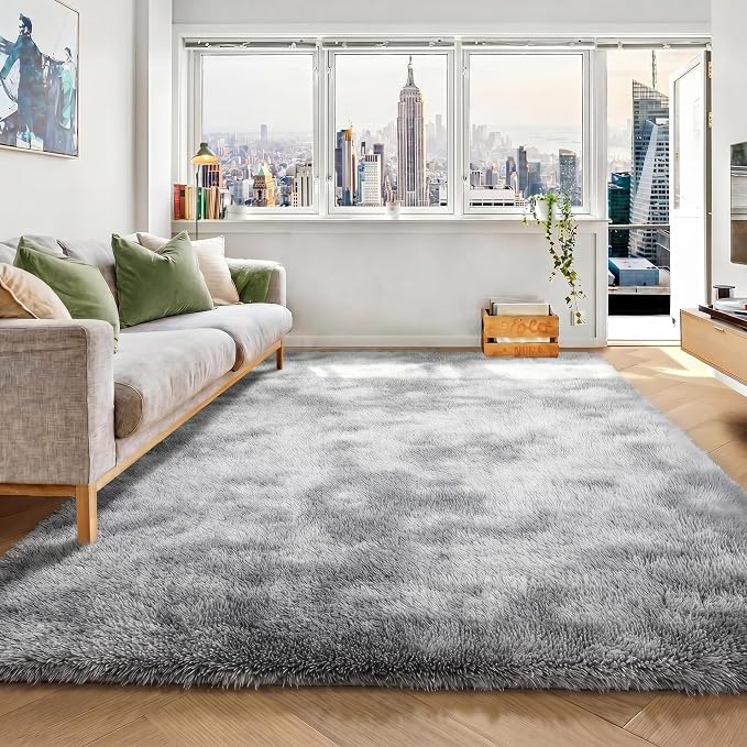 ONASAR Area Rugs for Bedroom Living Room, 4x6 Tie-Dyed Light Grey Fluffy Shaggy by ONASAR