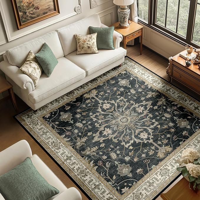 RELEANY Area Rugs Square 6ft Washable Non-Slip, Floral Vintage Distress by RELEANY