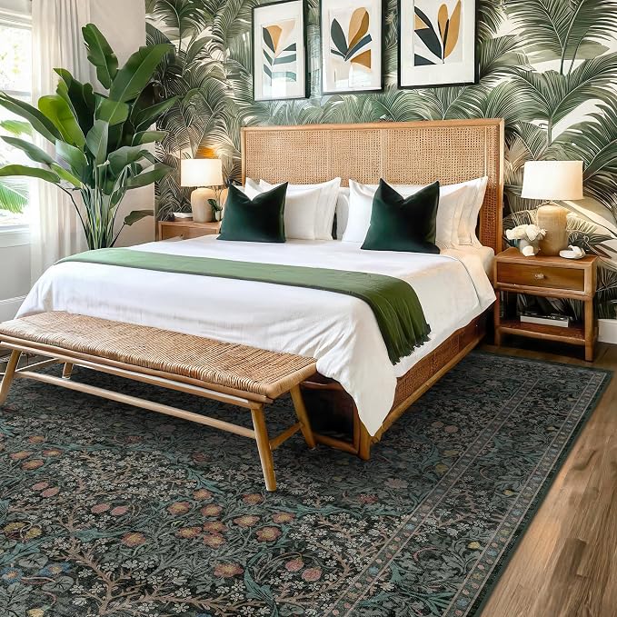 Washable Vintage 5x8 Living Room Rug, Dark Green Floral Area Rug - Image 4