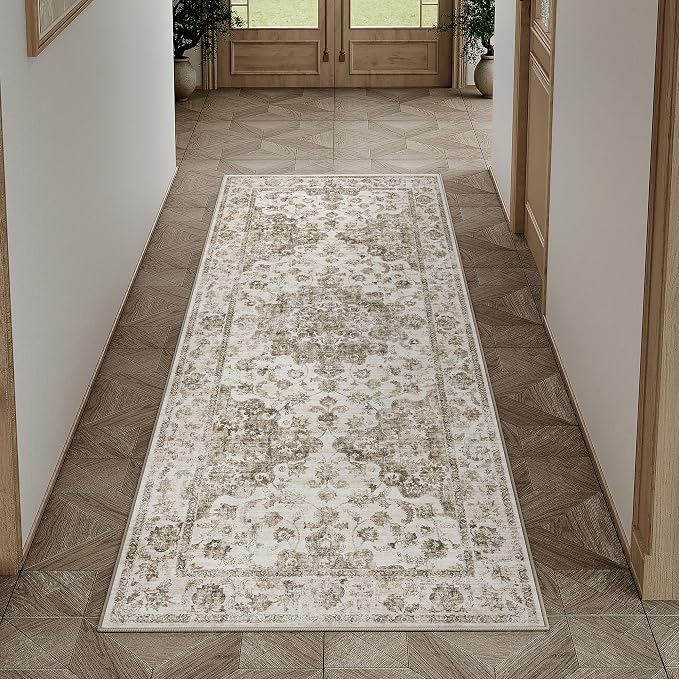 2x5 Washable Neutral Runner Rug Brown Vintage Hallway Kitchen Carpet Non-Slip by WondRg
