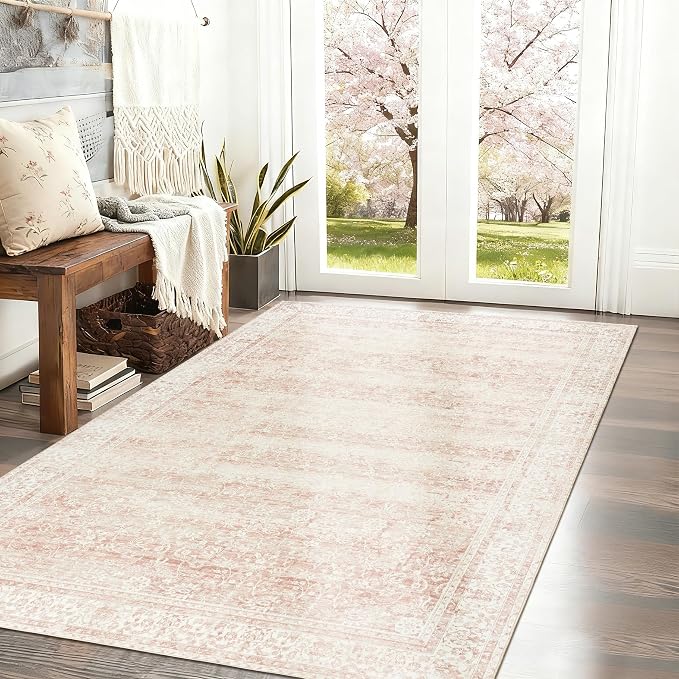 BILEEHOME Vintage Pink Rug 4x6 Washable Non Slip Floral Aesthetic Indoor Rugs - Image 8