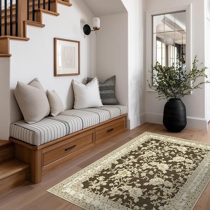 Brown Floral Print Area Rugs for Bedroom Living Room Boho Farmhouse Country - Image 9