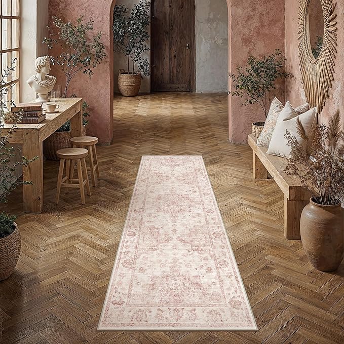 2x6 Washable Neutral Runner Rug Pink Vintage Hallway Kitchen Carpet Non-Slip - Image 3