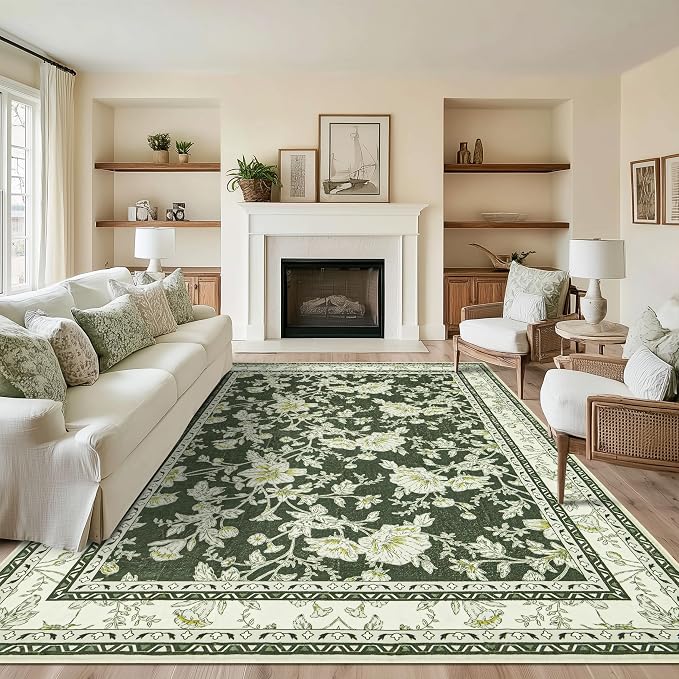 Olive Green Floral 5x7 Area Rug Vintage Boho Washable Printed Rug - Image 2