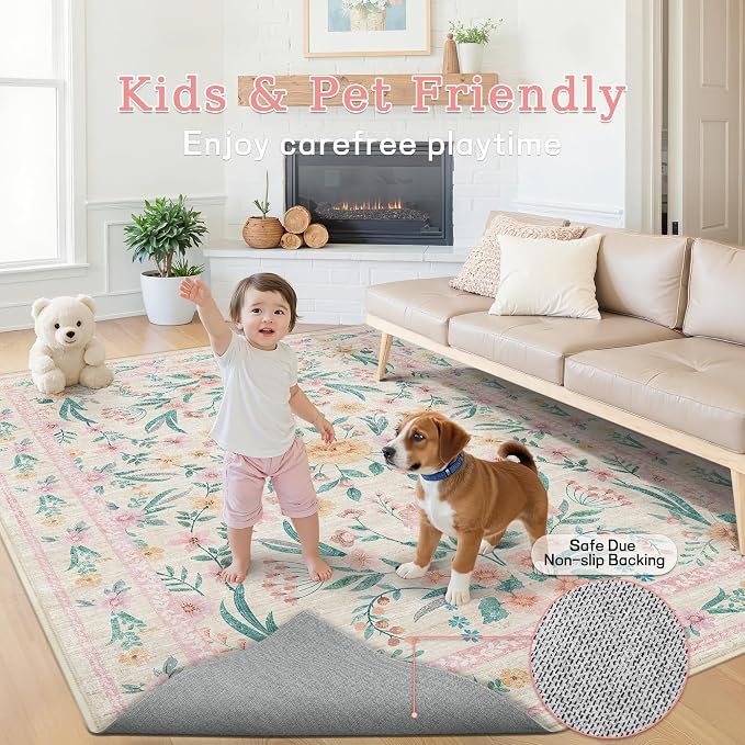 5x8 Pink Floral Nursery Rug – Washable Non-Slip Soft Carpet, Cute Boho Area Rug - Image 4