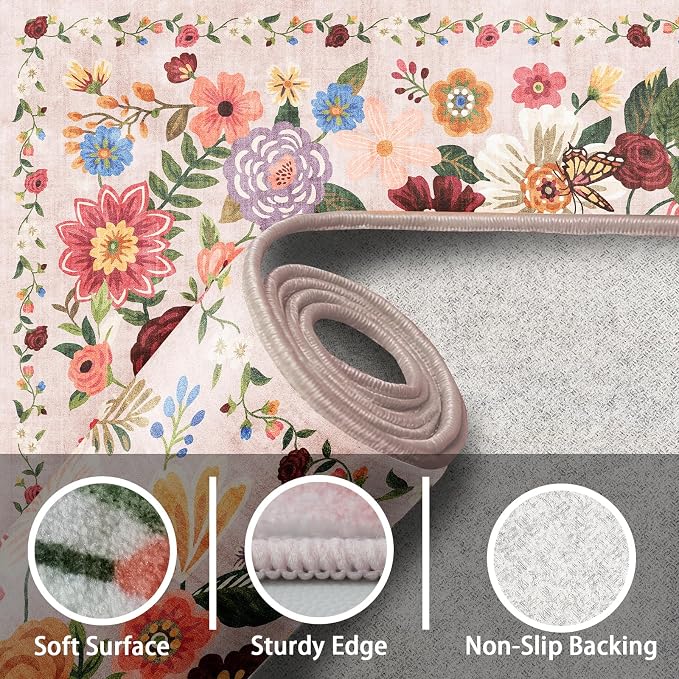 Blush Floral Machine Washable Rug, 3x5 Rug Non Slip Soft Bedroom Rugs - Image 3