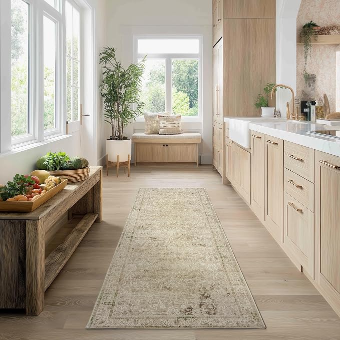 Neutral Farmhouse Hallway Rug Runner 2x6 Washable Non Slip Rubber Backing by BILEEHOME