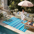 Outdoor Plastic Straw Rug Waterproof Patio 6x9 Blue Teal Stripe Mat by WondRg