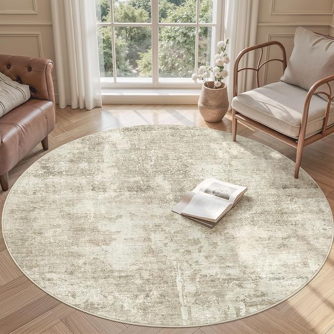 Soalmost 5x5 Beige Gray Round Rug 5ft Living Room Circle Rug Vintage Round Area by Soalmost